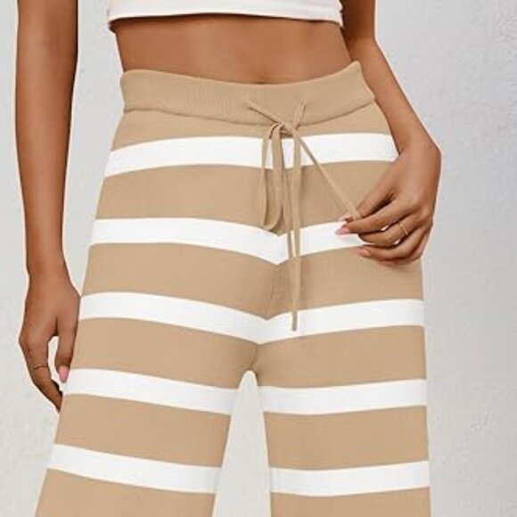 Comfy High Waist Wide Leg Knit Lounge Pants Tan White Striped Women M - Picture 3 of 14